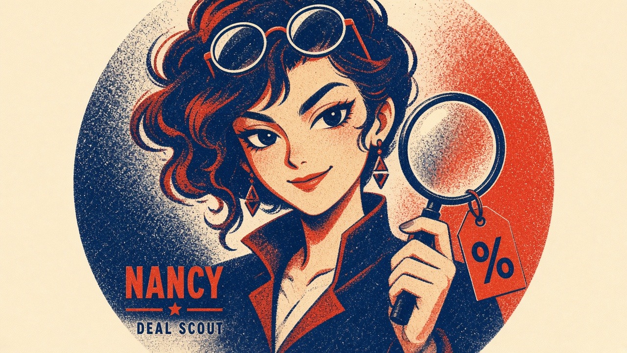 Illustrated portrait of Nancy, the deal scout, in risograph navy and tomato red.